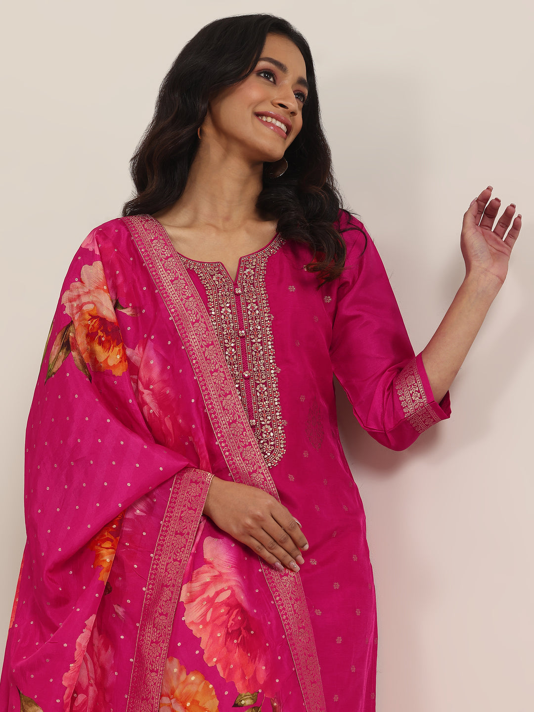 Pink Woven Design Silk Blend Straight Suit With Dupatta