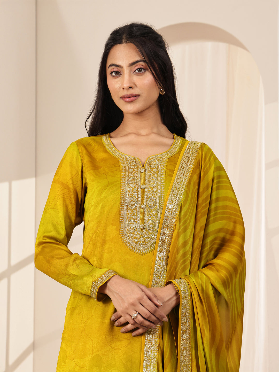 Mustard Printed Silk Blend Straight Suit Sets With Dupatta