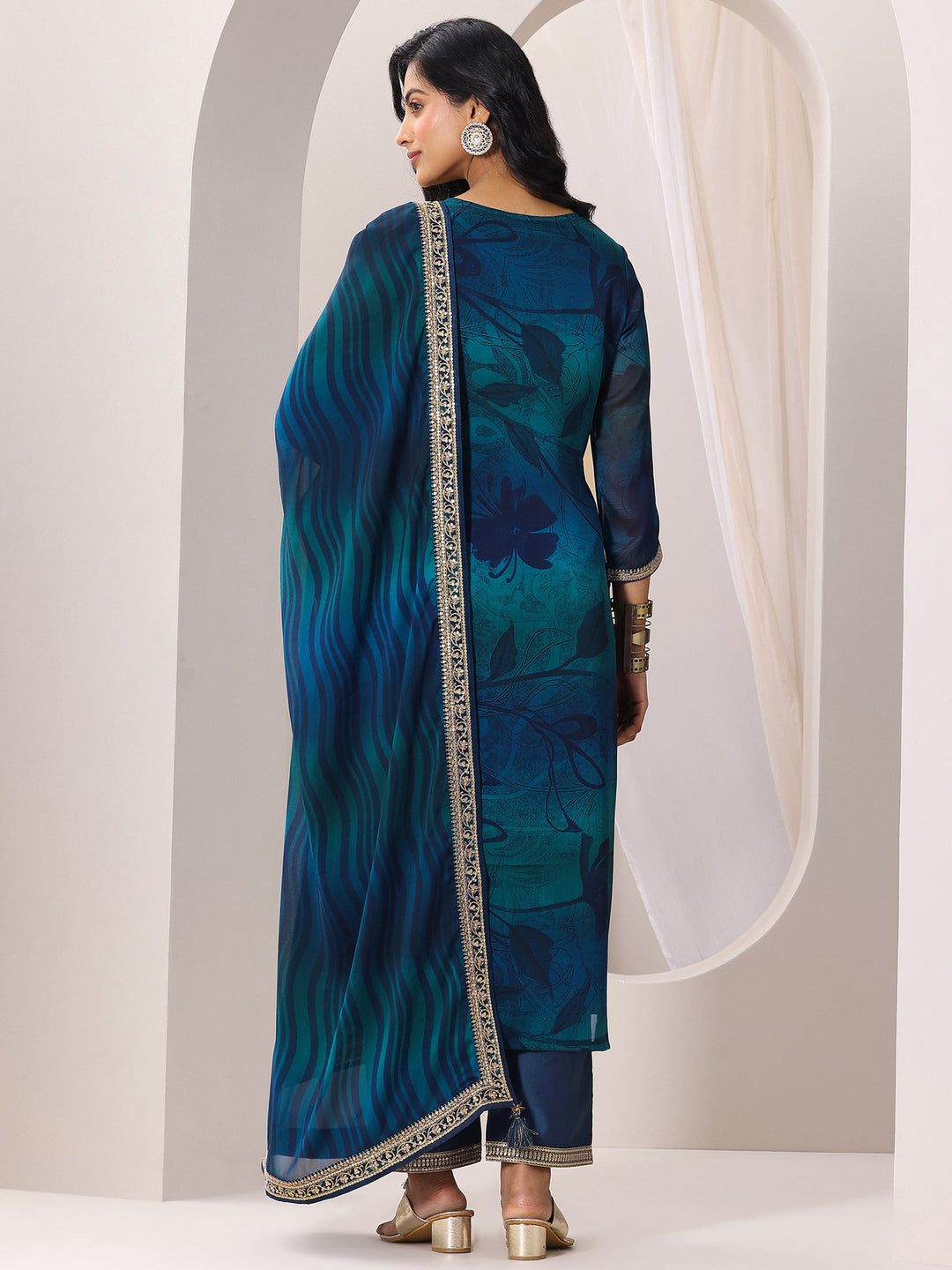 Teal Printed Silk Chiffon Straight Suit Set With Dupatta
