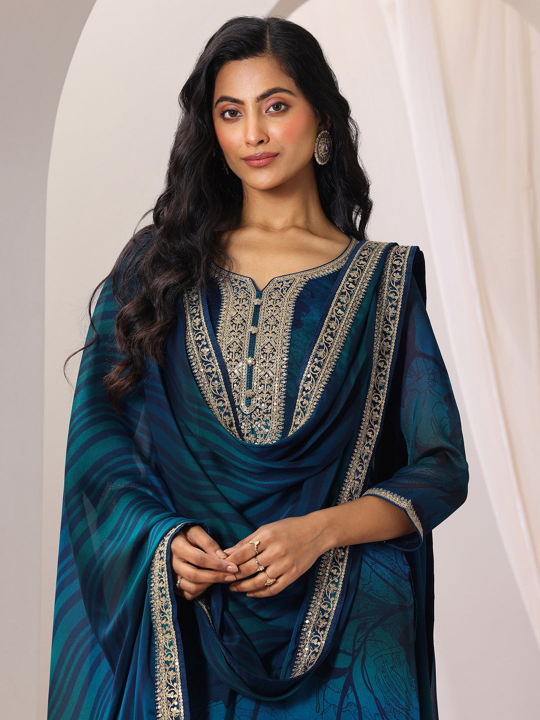 Teal Printed Silk Chiffon Straight Suit Set With Dupatta