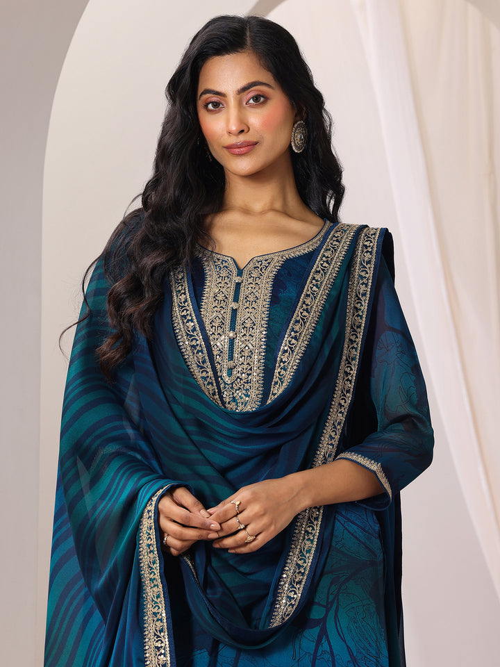 Teal Printed Silk Chiffon Straight Suit Set With Dupatta