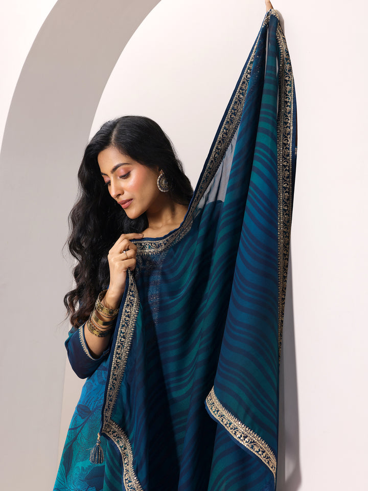 Teal Printed Silk Chiffon Straight Suit Set With Dupatta