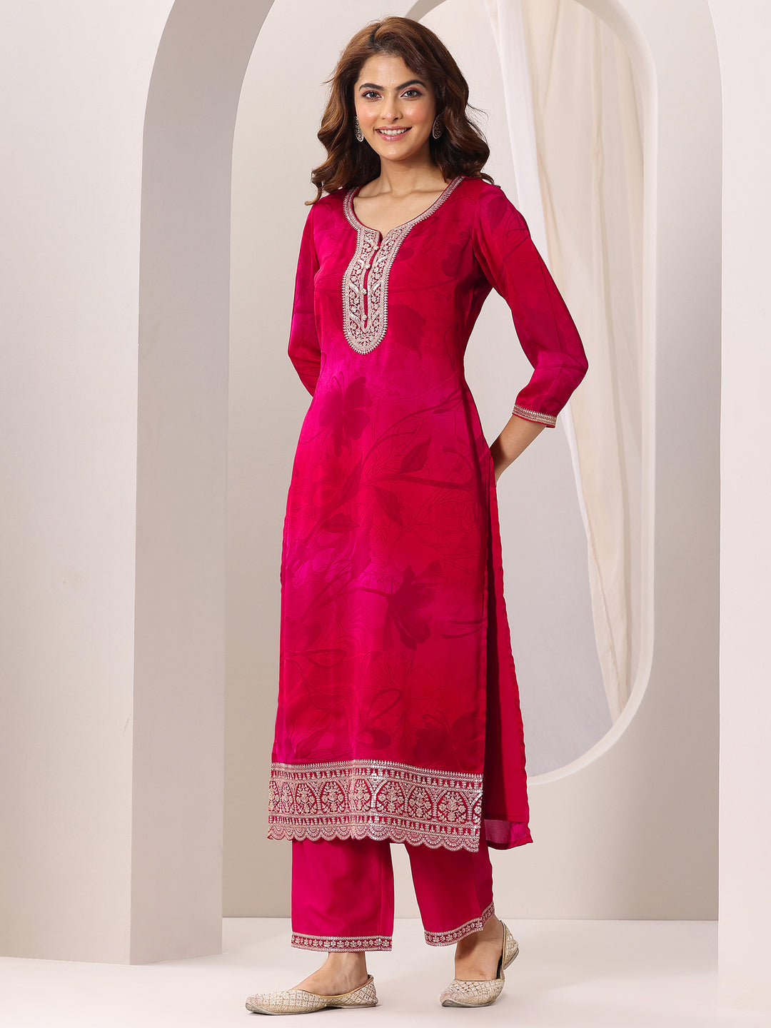 Red Printed Silk Chiffon Straight Suit Set With Dupatta