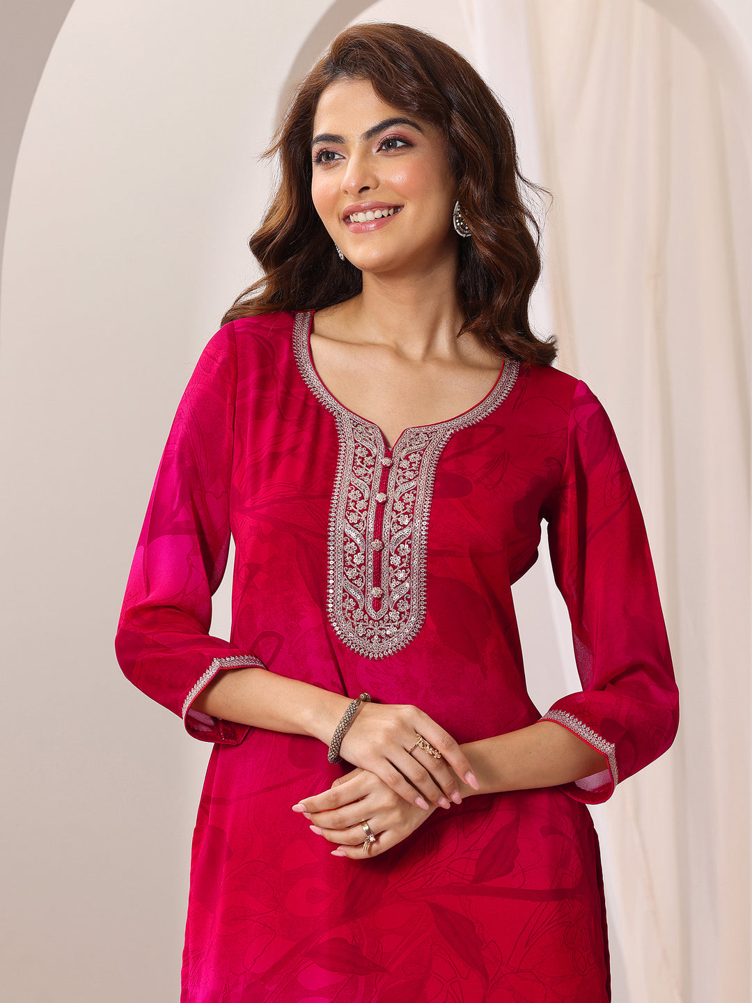 Red Printed Silk Chiffon Straight Suit Set With Dupatta