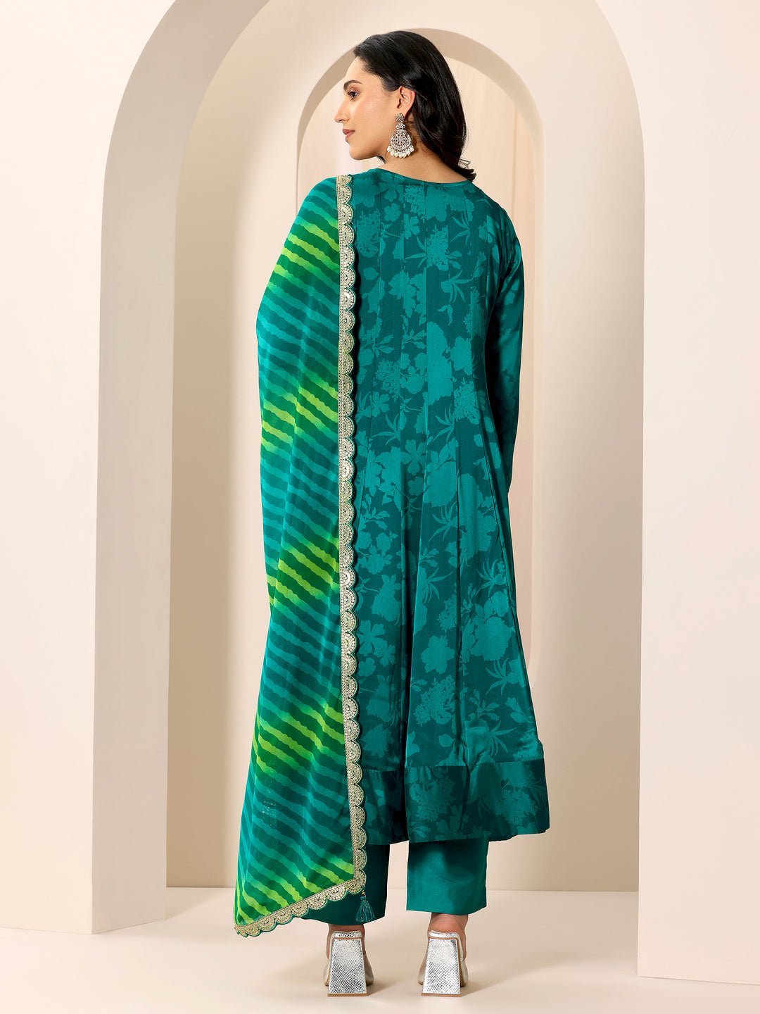 Rama Printed Silk Chiffon Anarkali Suit Set With Dupatta