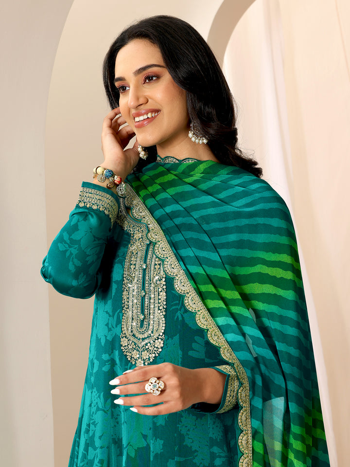 Rama Printed Silk Chiffon Anarkali Suit Set With Dupatta