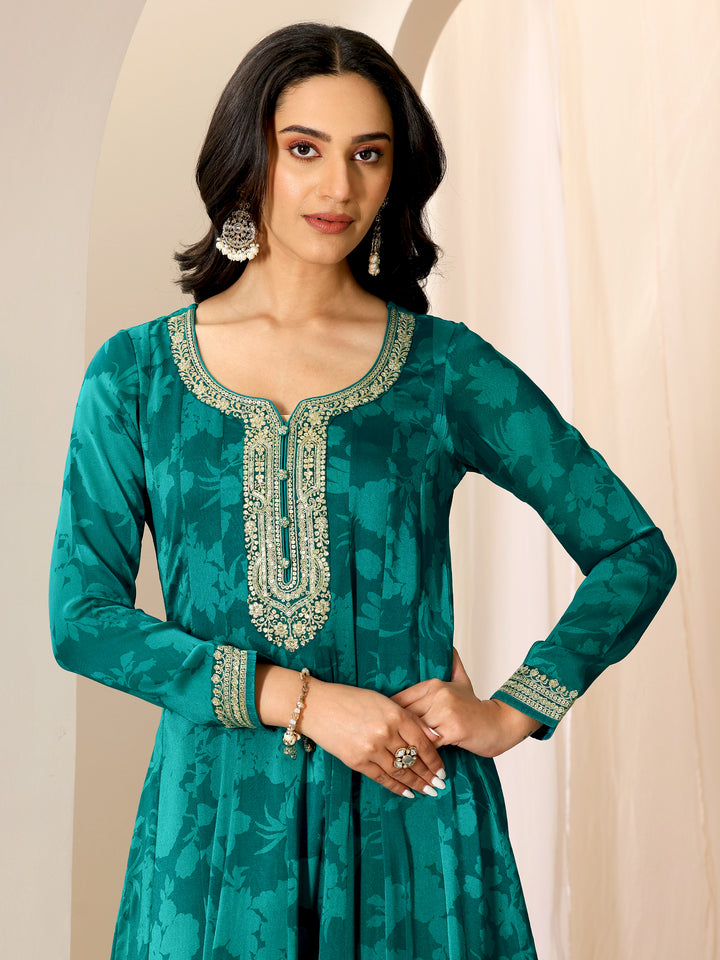 Rama Printed Silk Chiffon Anarkali Suit Set With Dupatta