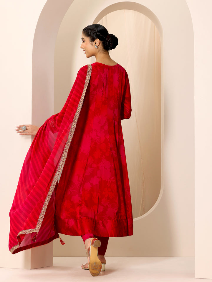 Red Printed Silk Chiffon Anarkali Suit Set With Dupatta