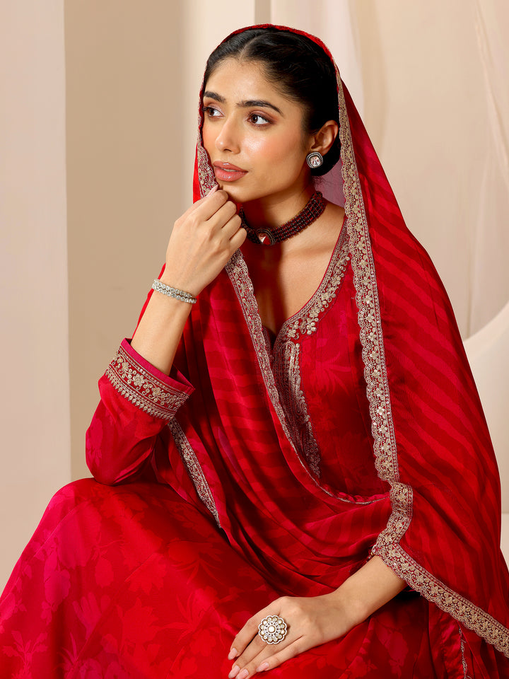 Red Printed Silk Chiffon Anarkali Suit Set With Dupatta