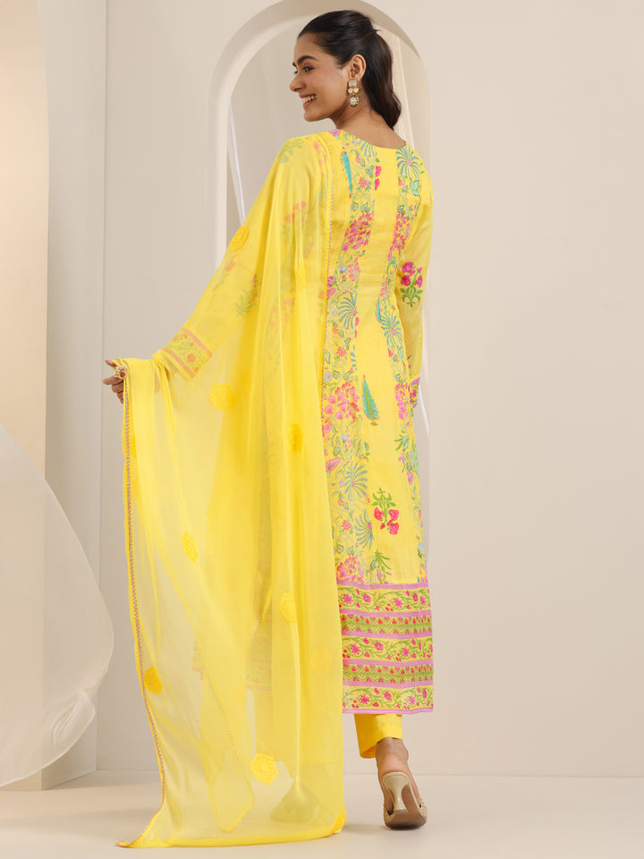 Yellow Printed Cotton Anarkali Suit Set With Dupatta