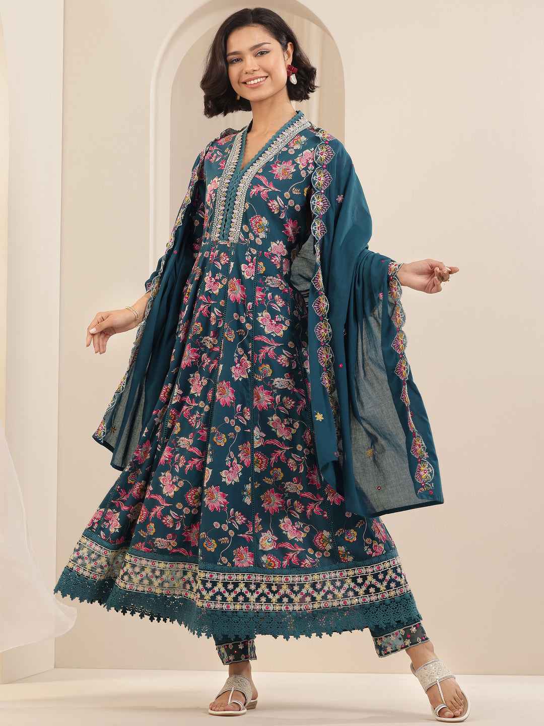 Teal Printed Cotton Anarkali Suit Sets With Dupatta