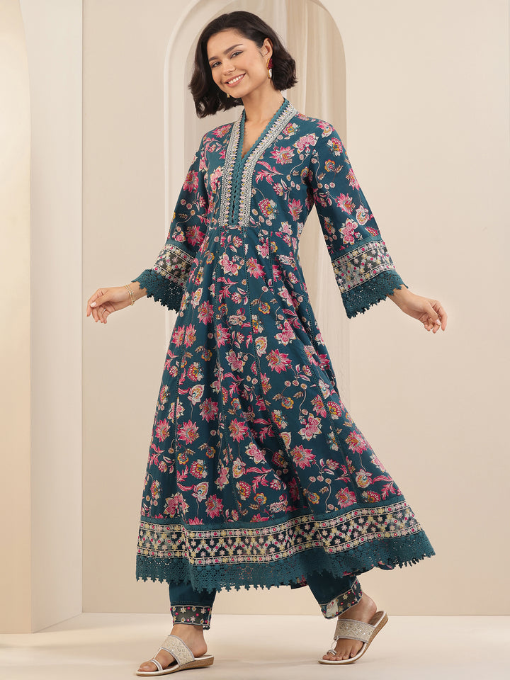 Teal Printed Cotton Anarkali Suit Sets With Dupatta