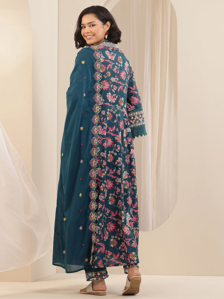 Teal Printed Cotton Anarkali Suit Sets With Dupatta