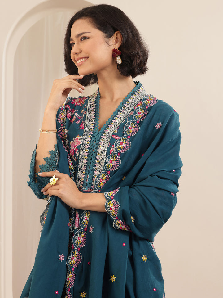 Teal Printed Cotton Anarkali Suit Sets With Dupatta