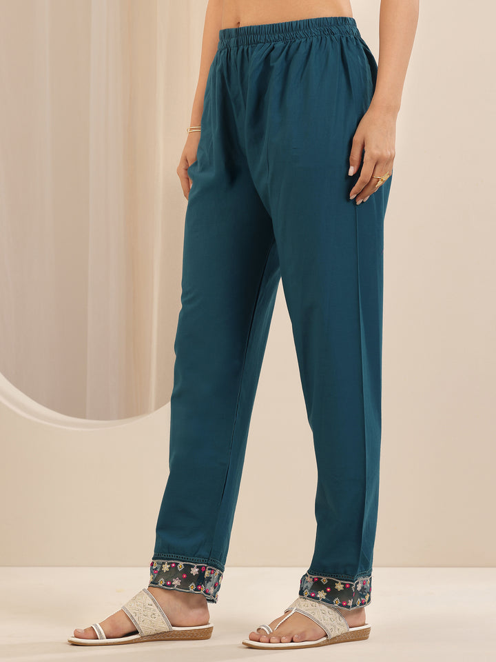 Teal Printed Cotton Anarkali Suit Sets With Dupatta