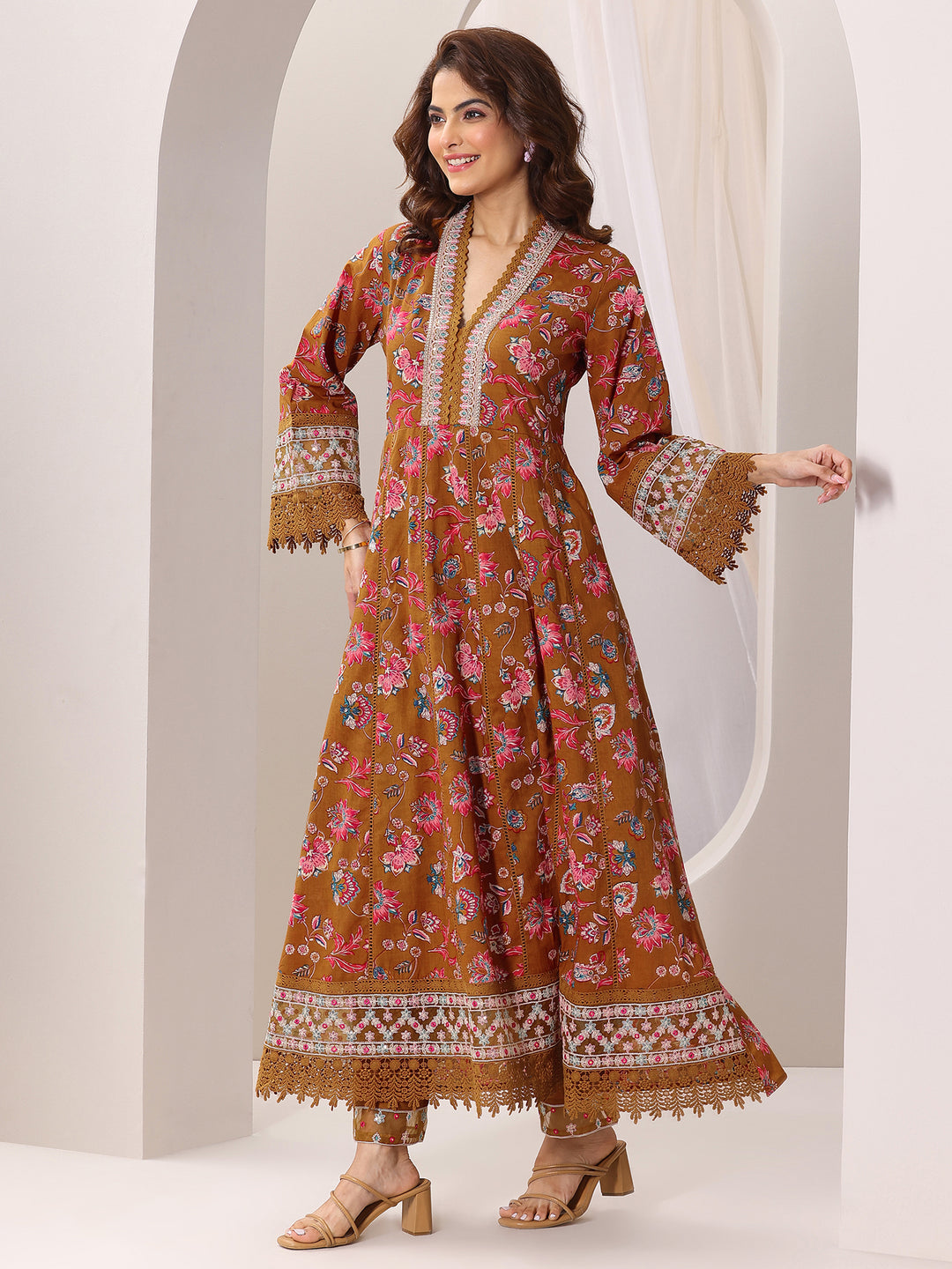 Mustard Printed Cotton Anarkali Suit Set With Dupatta