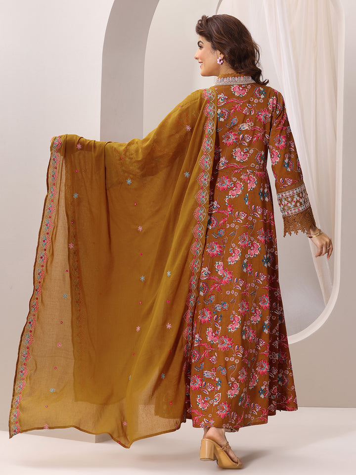 Mustard Printed Cotton Anarkali Suit Set With Dupatta