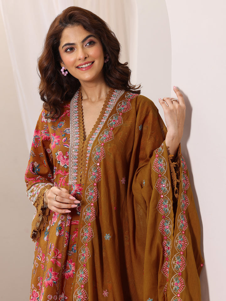 Mustard Printed Cotton Anarkali Suit Set With Dupatta