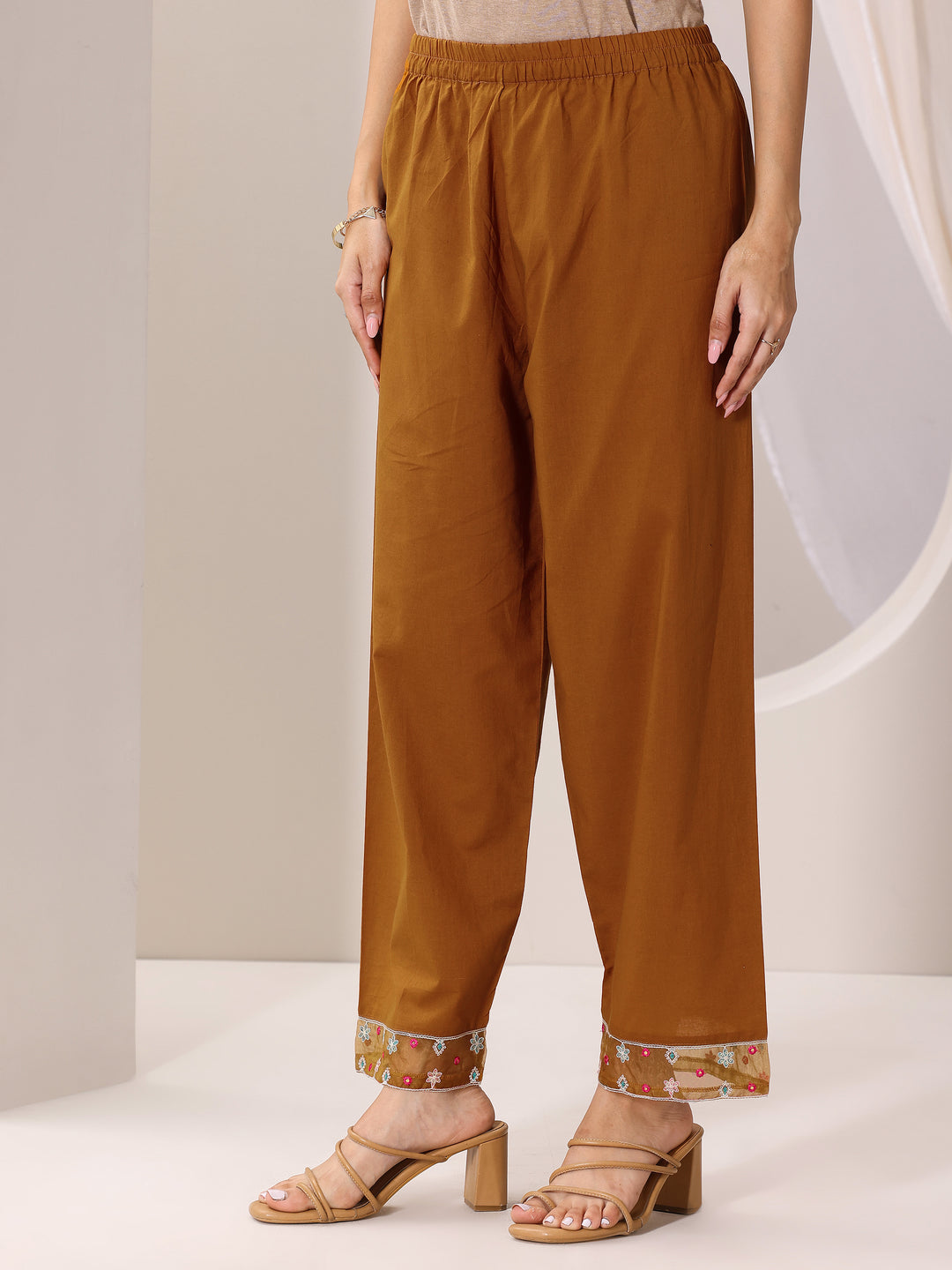 Mustard Printed Cotton Anarkali Suit Set With Dupatta