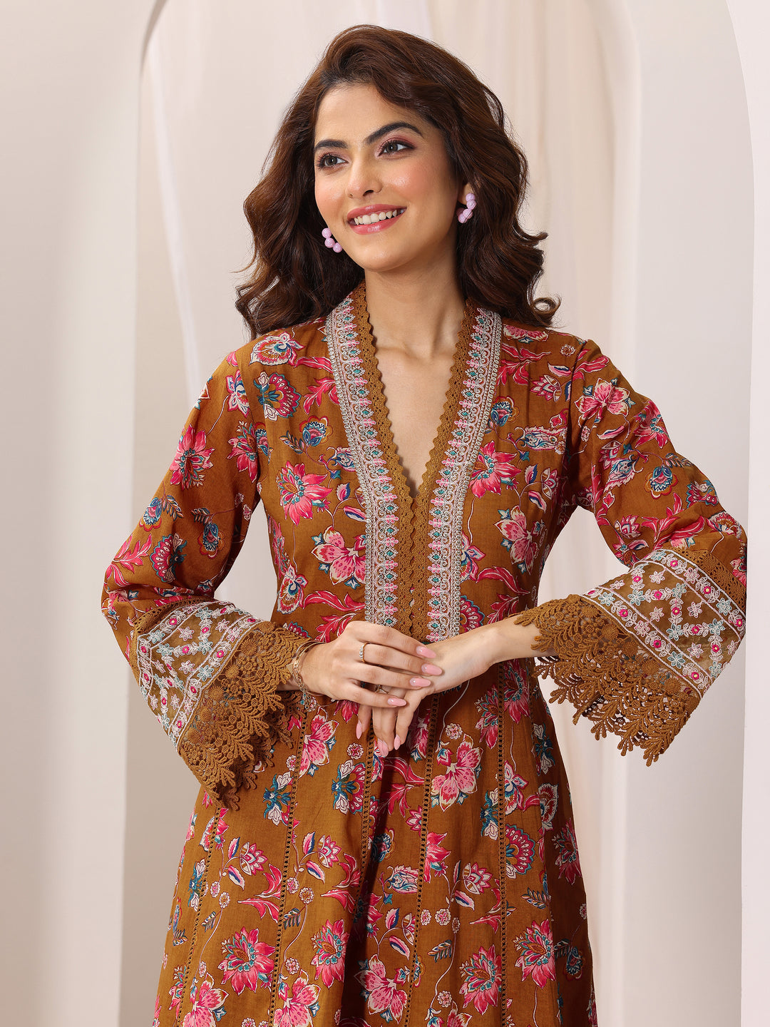 Mustard Printed Cotton Anarkali Suit Set With Dupatta