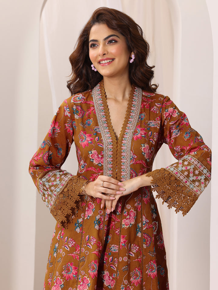 Mustard Printed Cotton Anarkali Suit Set With Dupatta