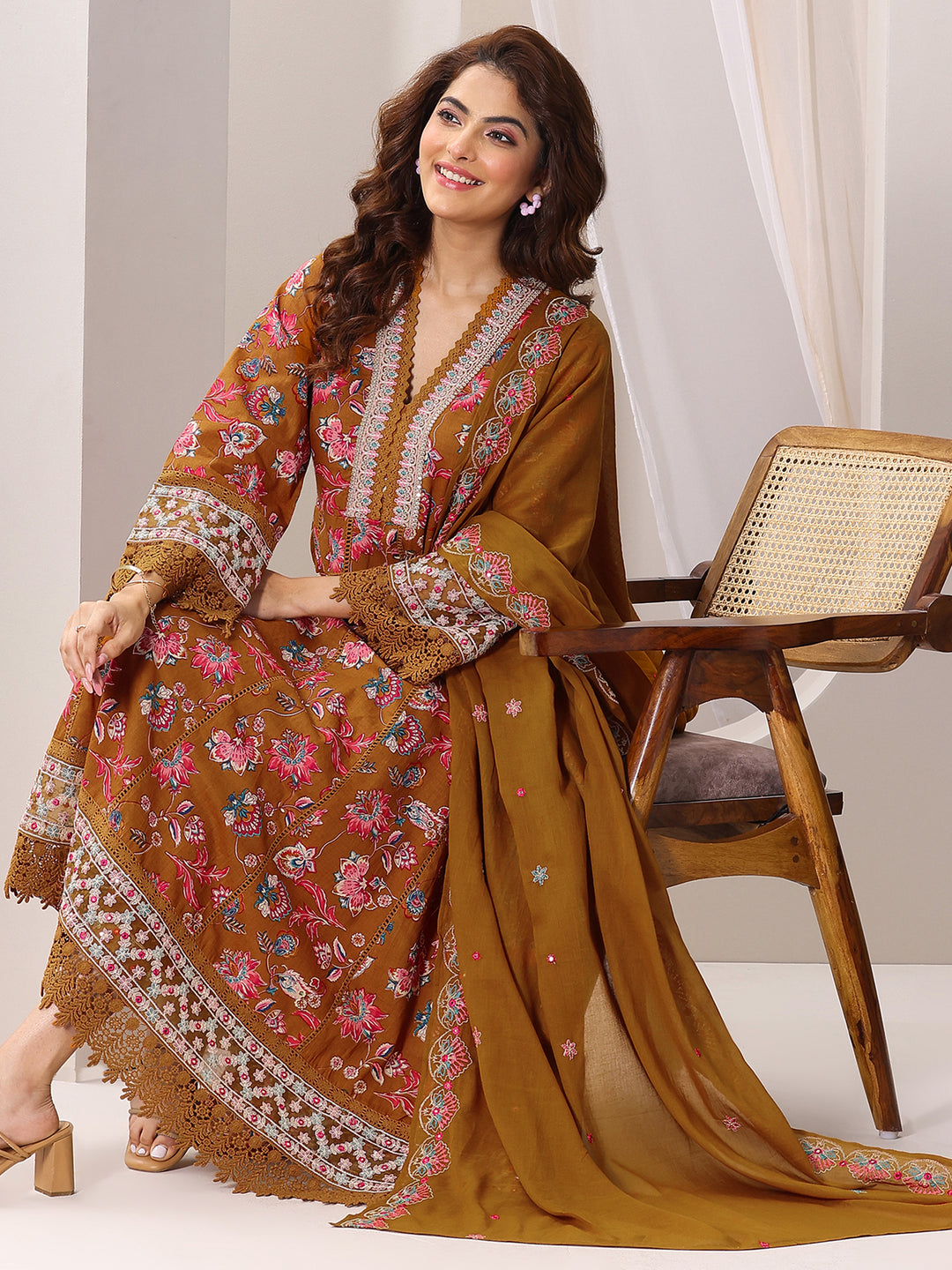 Mustard Printed Cotton Anarkali Suit Set With Dupatta
