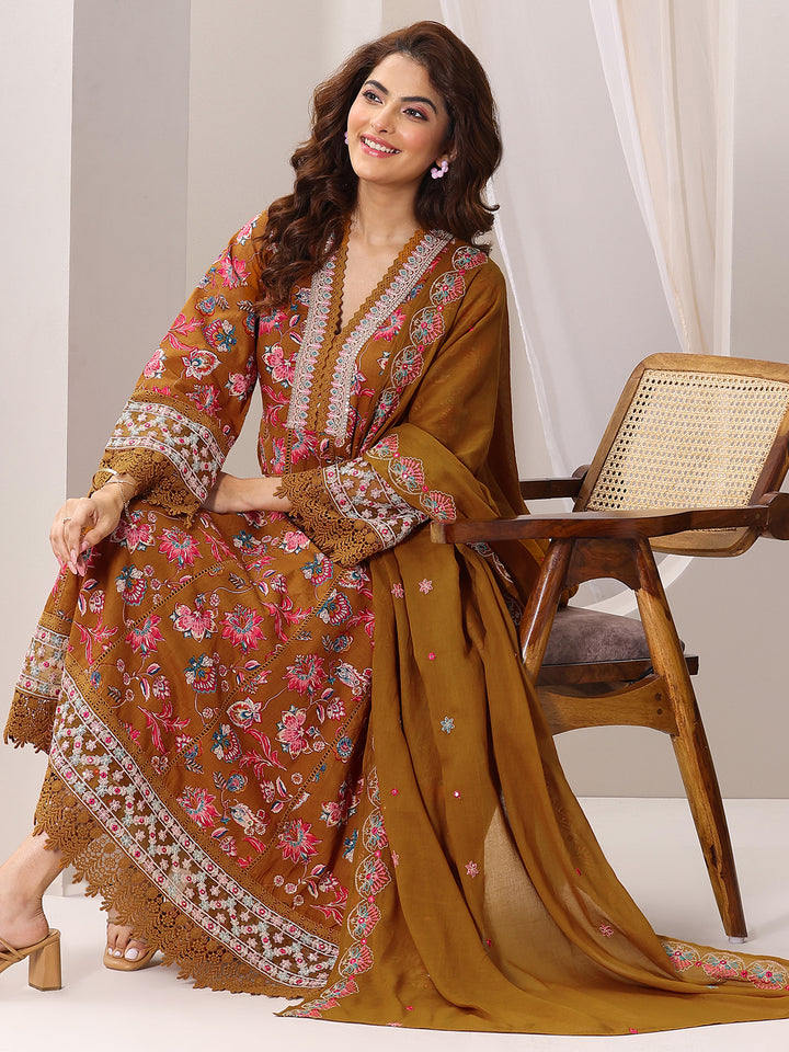 Mustard Printed Cotton Anarkali Suit Set With Dupatta