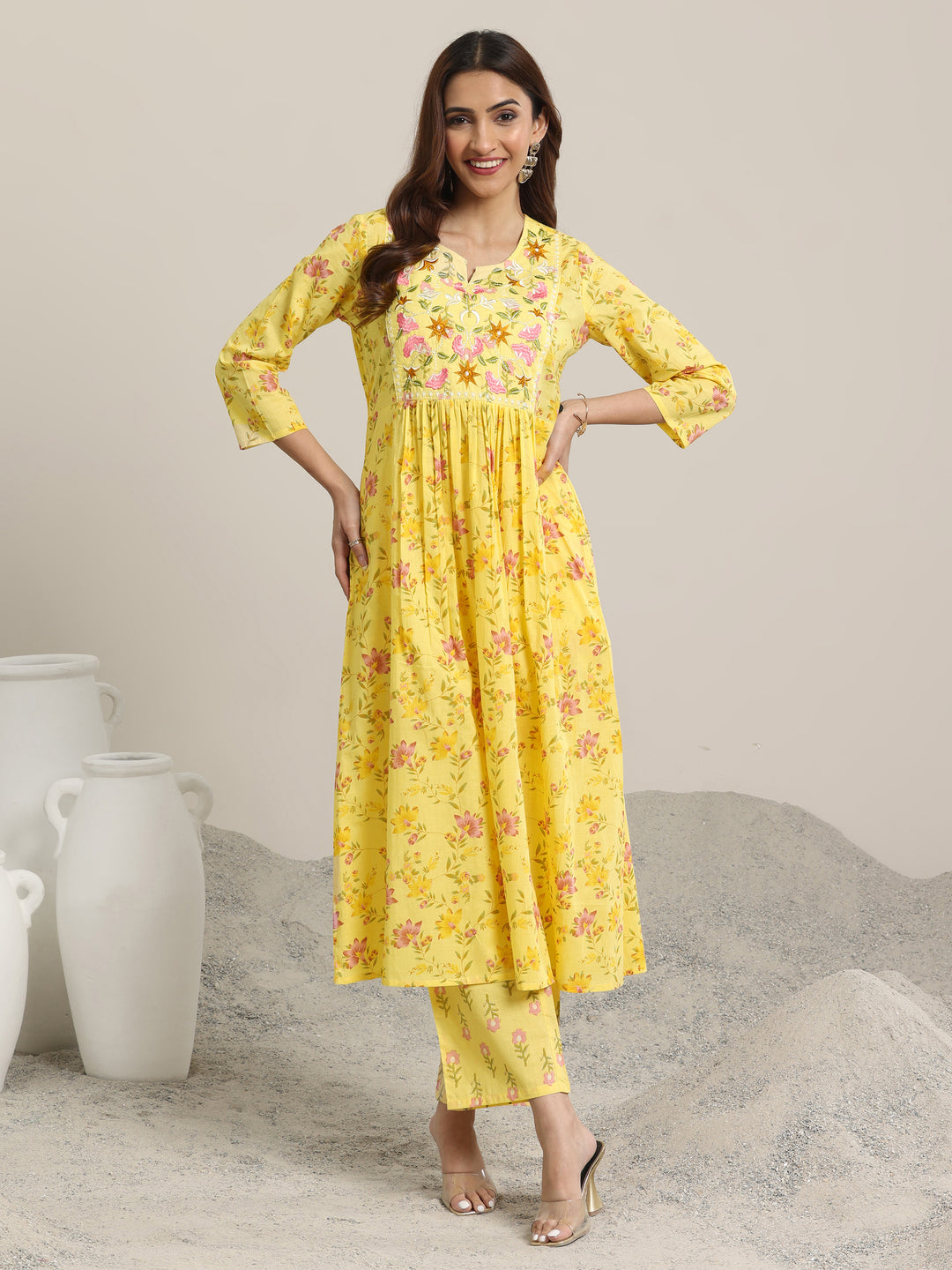 Yellow Printed Cotton A-line  Kurta Set