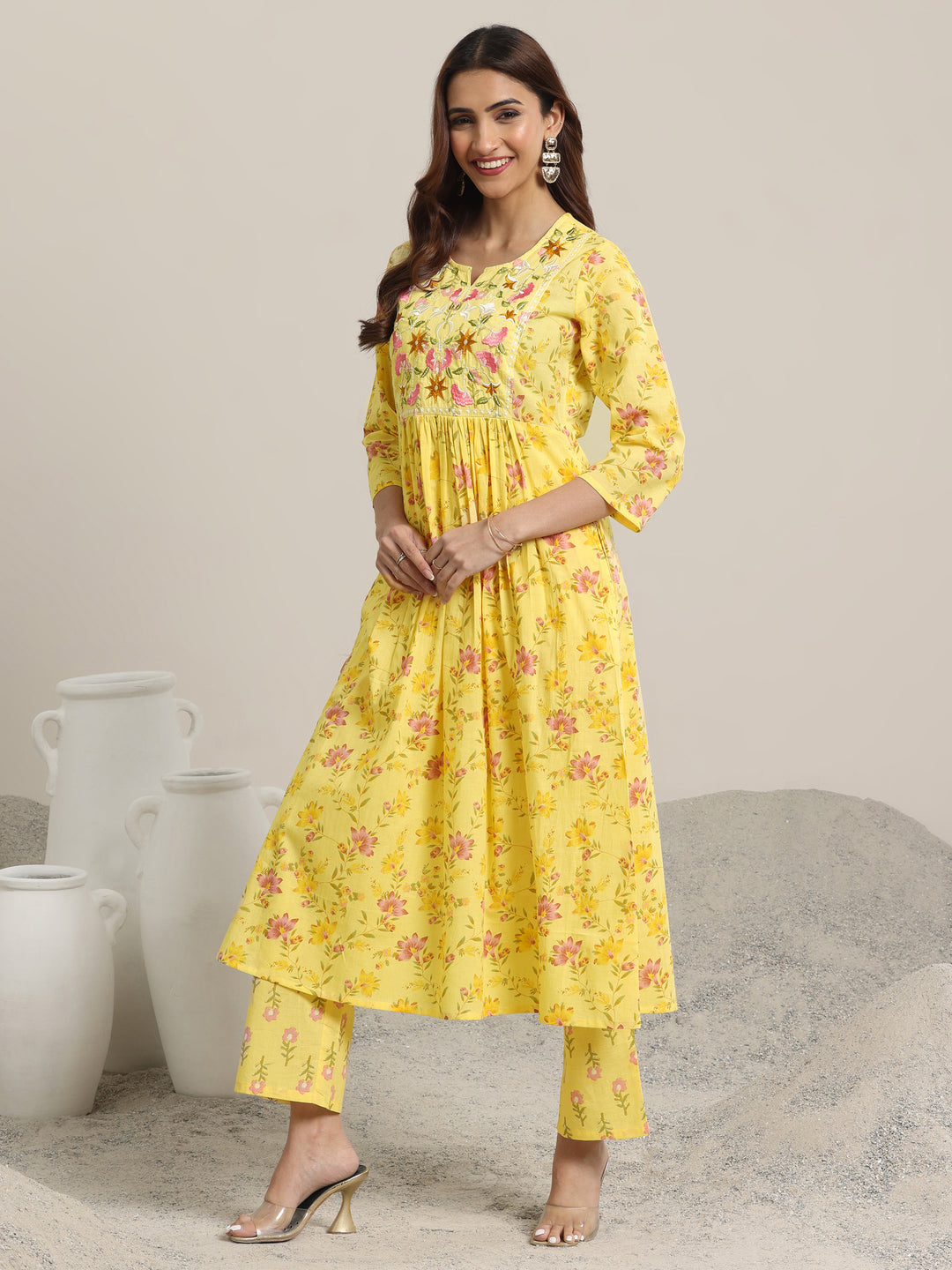 Yellow Printed Cotton A-line  Kurta Set