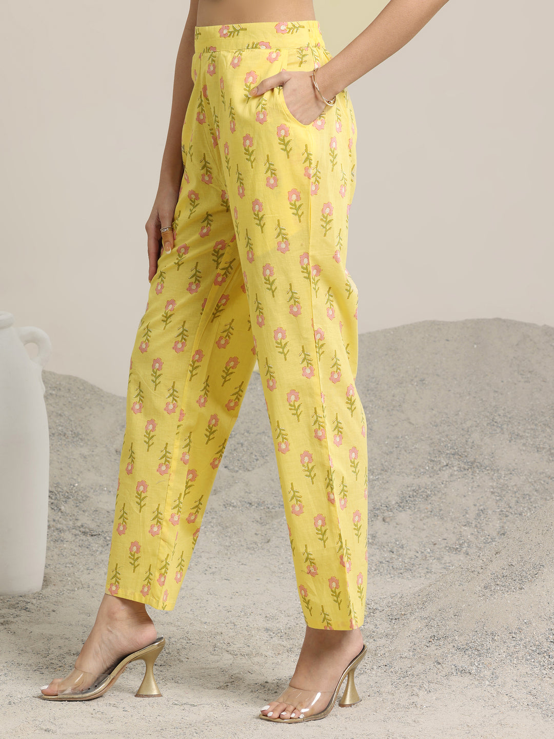 Yellow Printed Cotton A-line  Kurta Set