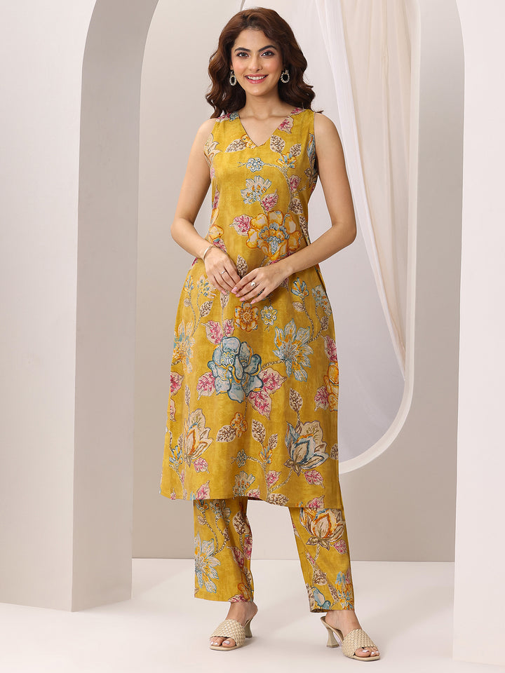 Mustard Printed Silk Blend Straight Kurta Set