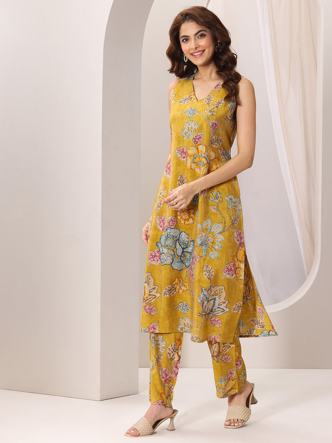 Mustard Printed Silk Blend Straight Kurta Set