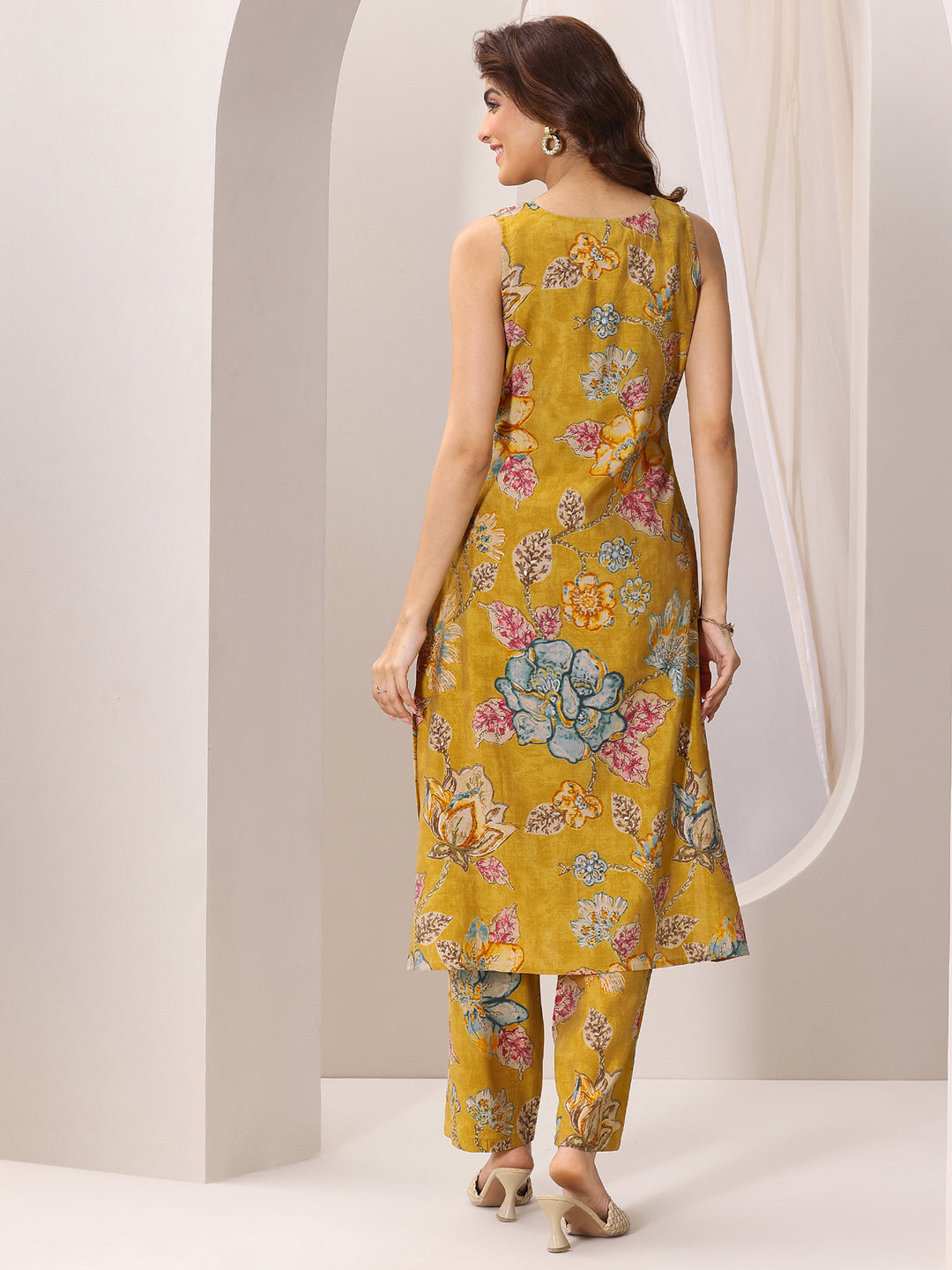 Mustard Printed Silk Blend Straight Kurta Set