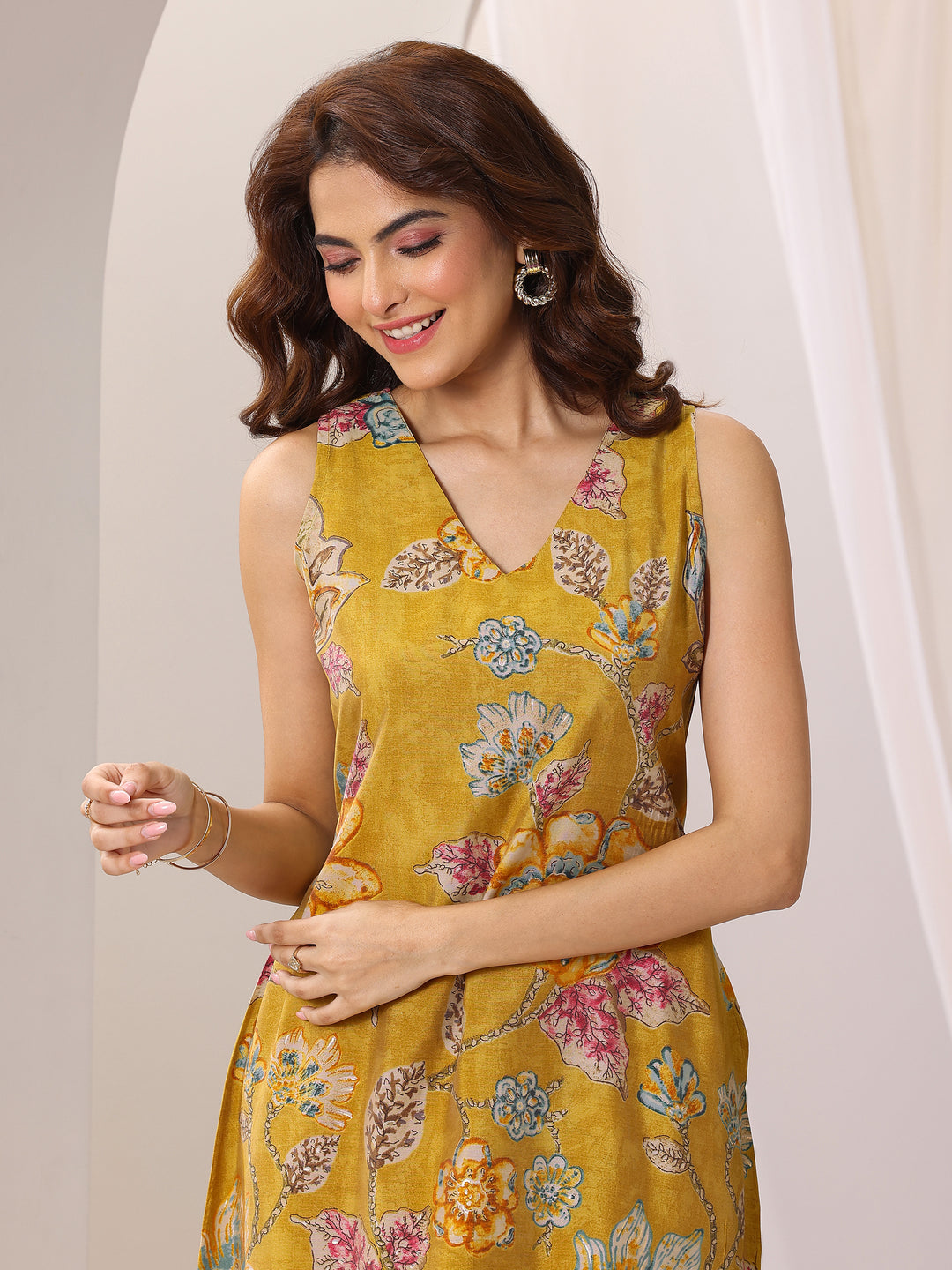 Mustard Printed Silk Blend Straight Kurta Set