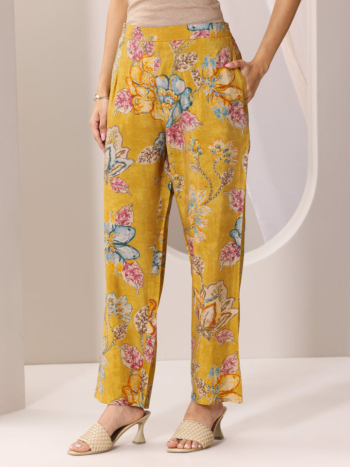 Mustard Printed Silk Blend Straight Kurta Set