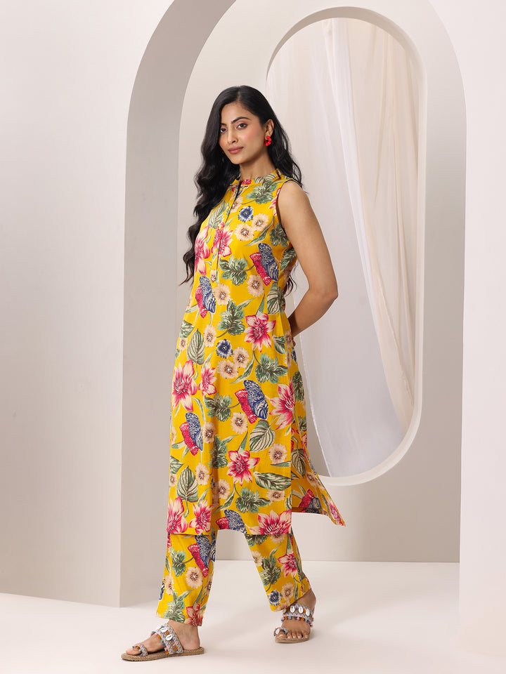 Mustard Printed Silk Blend A-line Kurta Set