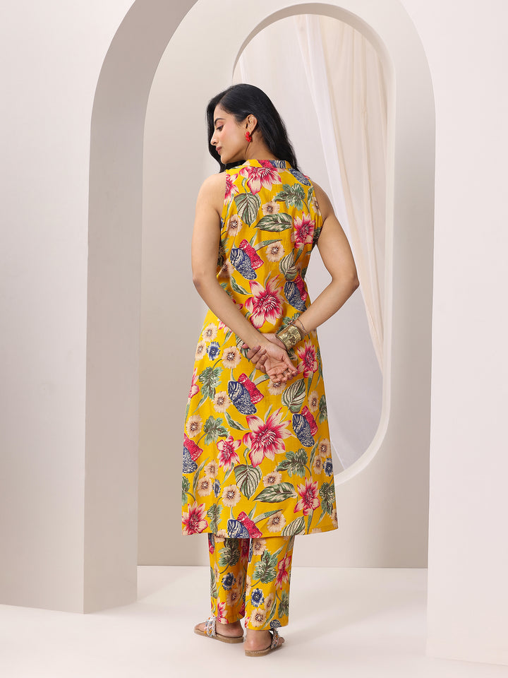 Mustard Printed Silk Blend A-line Kurta Set