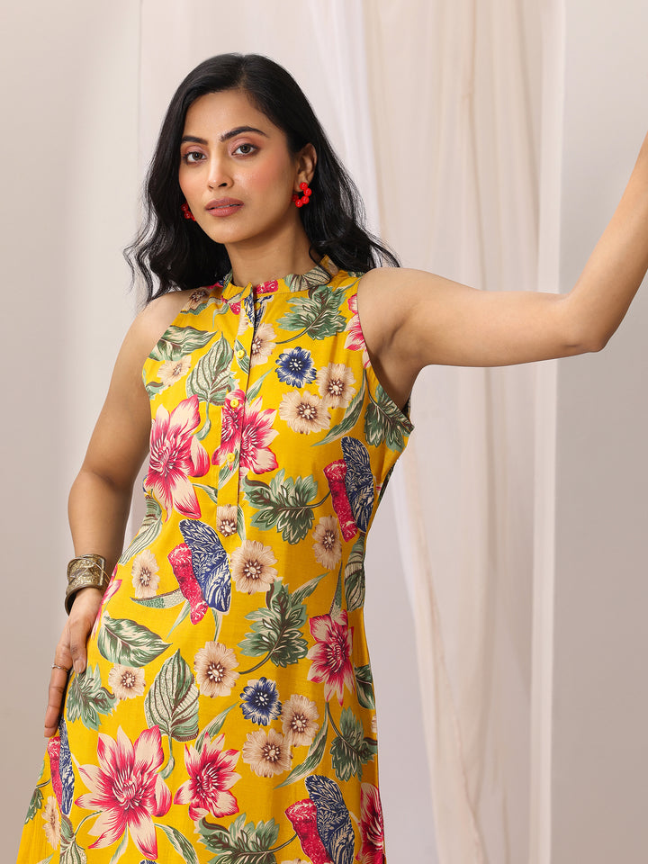 Mustard Printed Silk Blend A-line Kurta Set