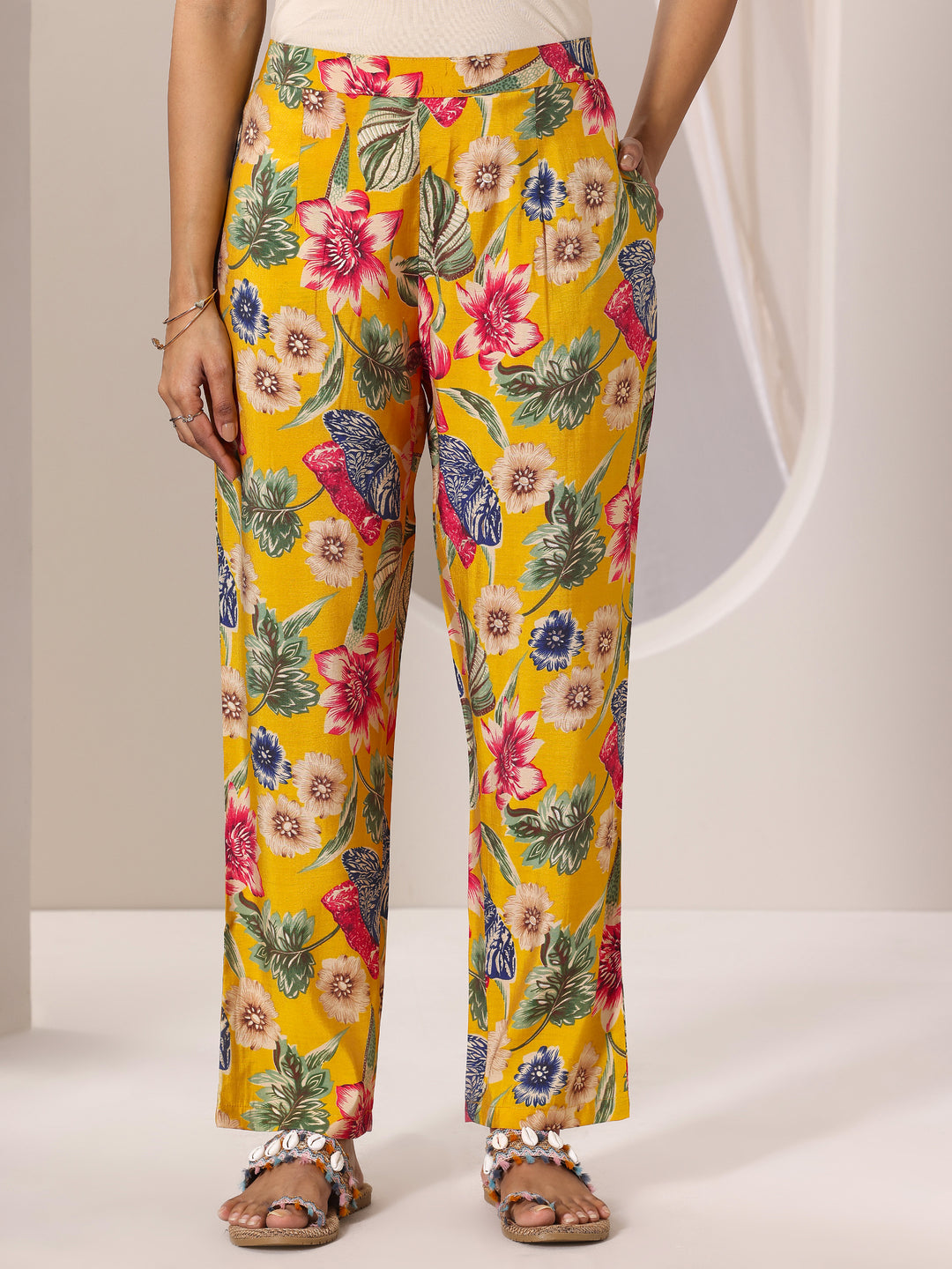 Mustard Printed Silk Blend A-line Kurta Set