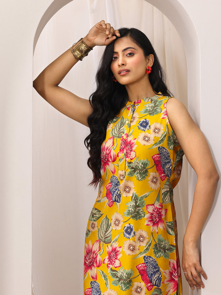 Mustard Printed Silk Blend A-line Kurta Set