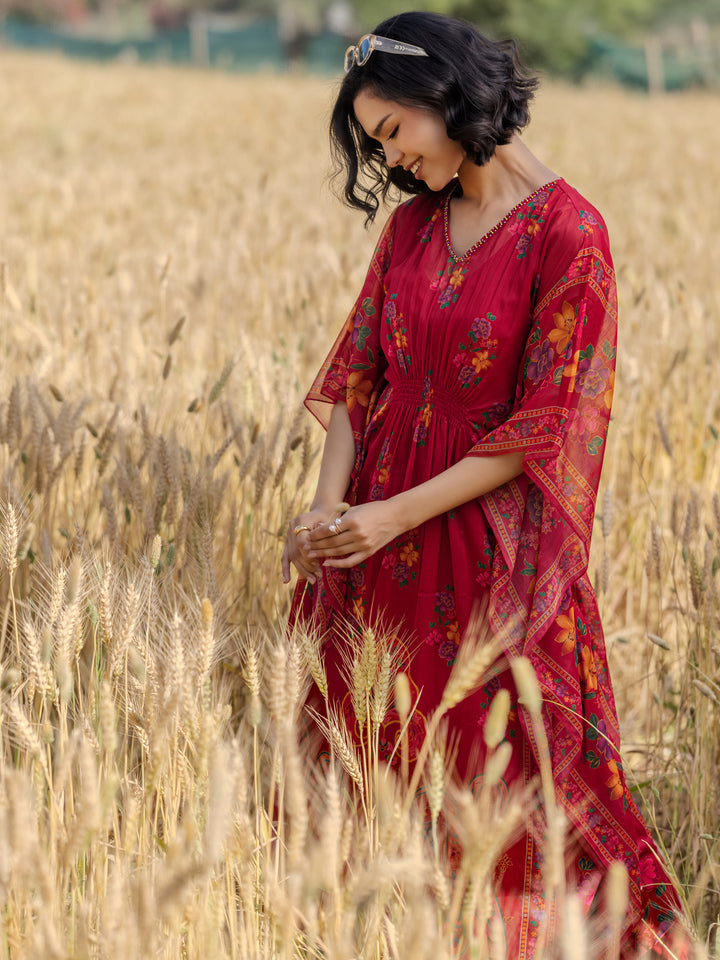 Maroon Printed Chiffon Kaftan Kurta Set