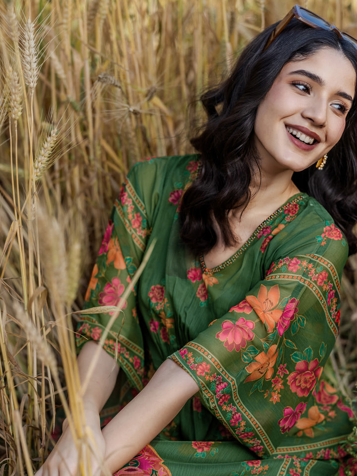 Green Printed Chiffon kaftan Kurta Set