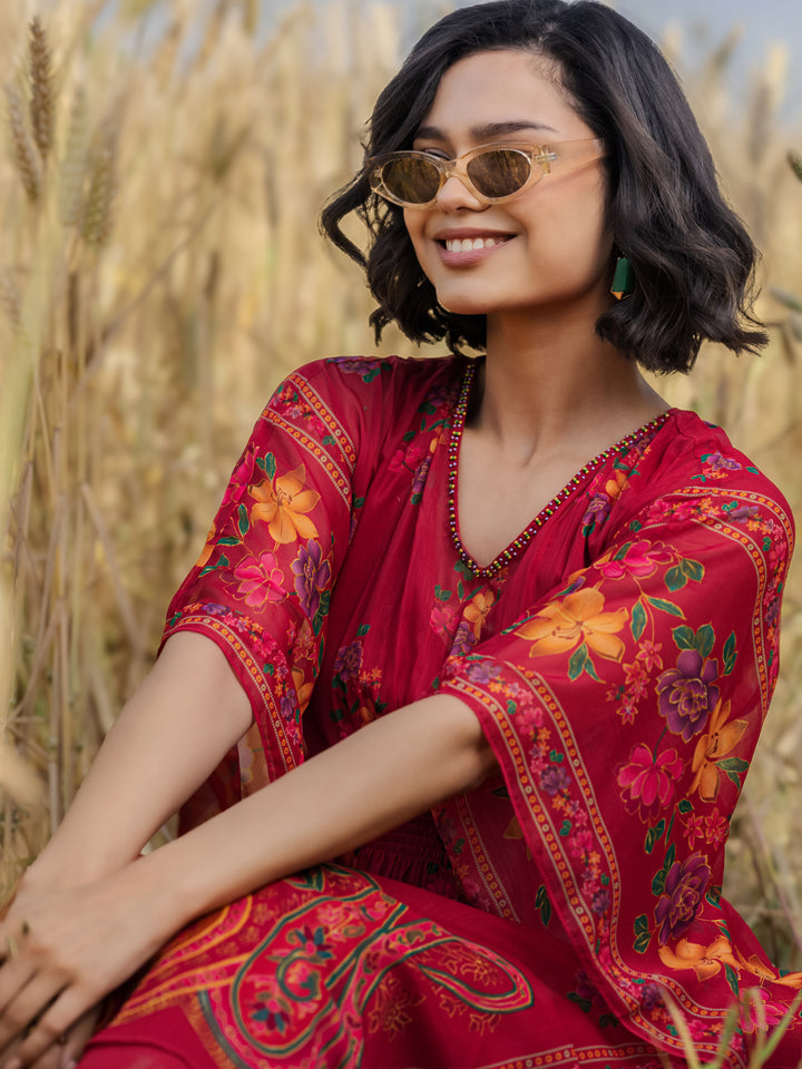 Maroon Printed Chiffon Kaftan Kurta Set