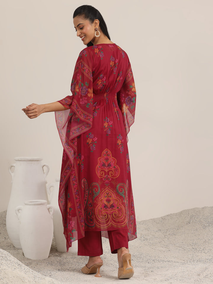 Maroon Printed Chiffon Kaftan Kurta Set