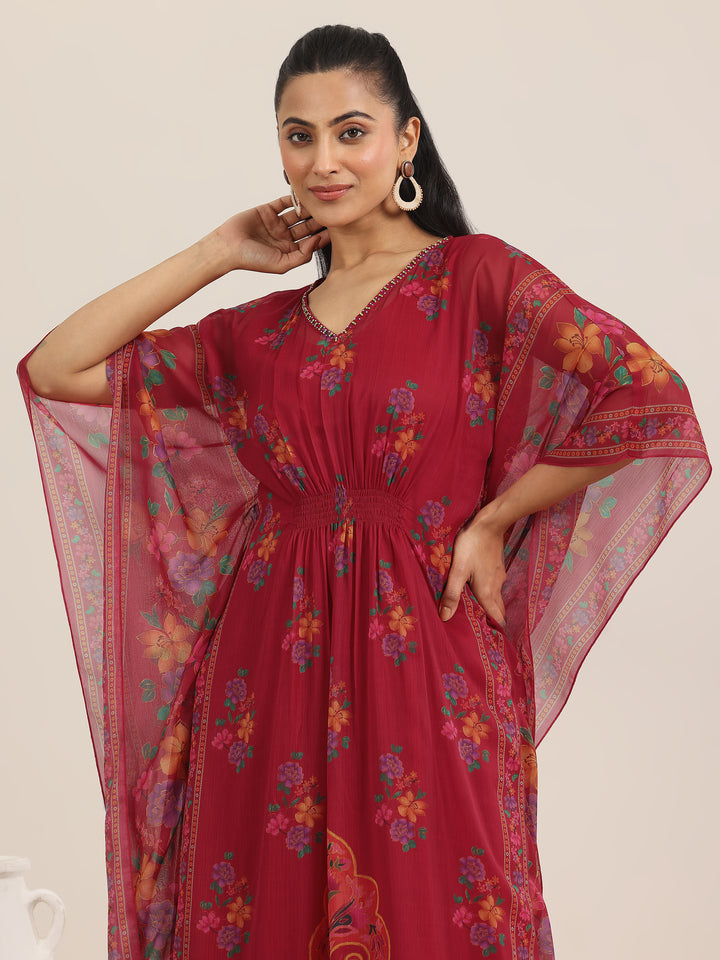 Maroon Printed Chiffon Kaftan Kurta Set