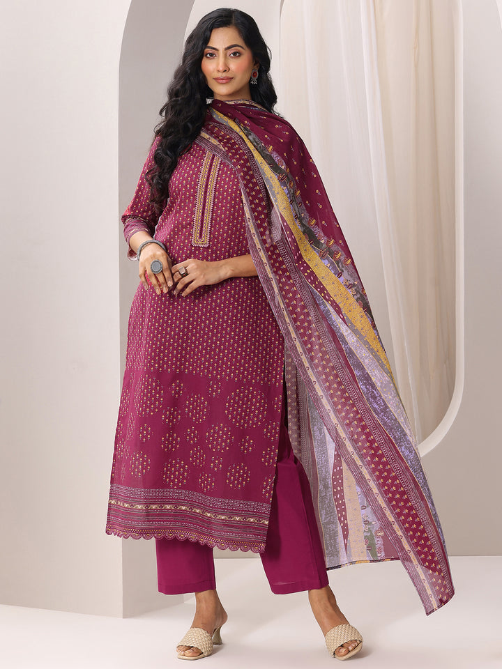 Maroon Printed Cotton Straight Suit Set With Dupatta