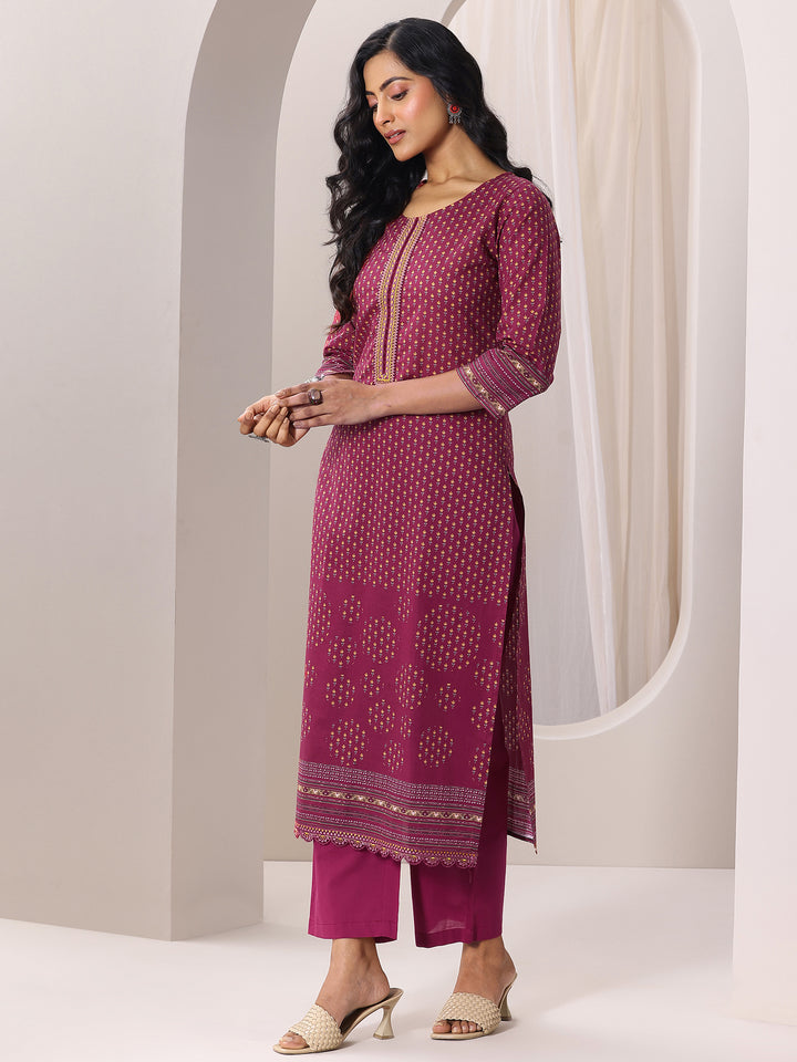 Maroon Printed Cotton Straight Suit Set With Dupatta