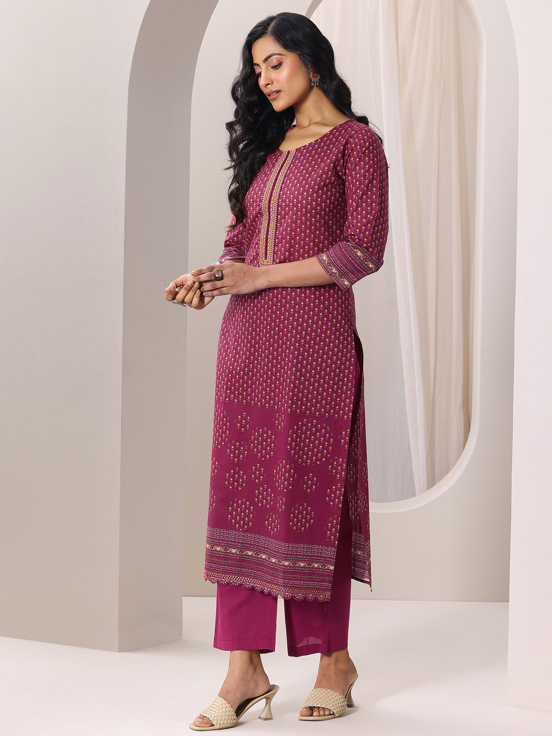 Maroon Printed Cotton Straight Suit Set With Dupatta