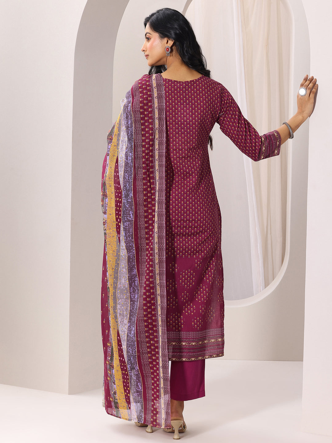 Maroon Printed Cotton Straight Suit Set With Dupatta