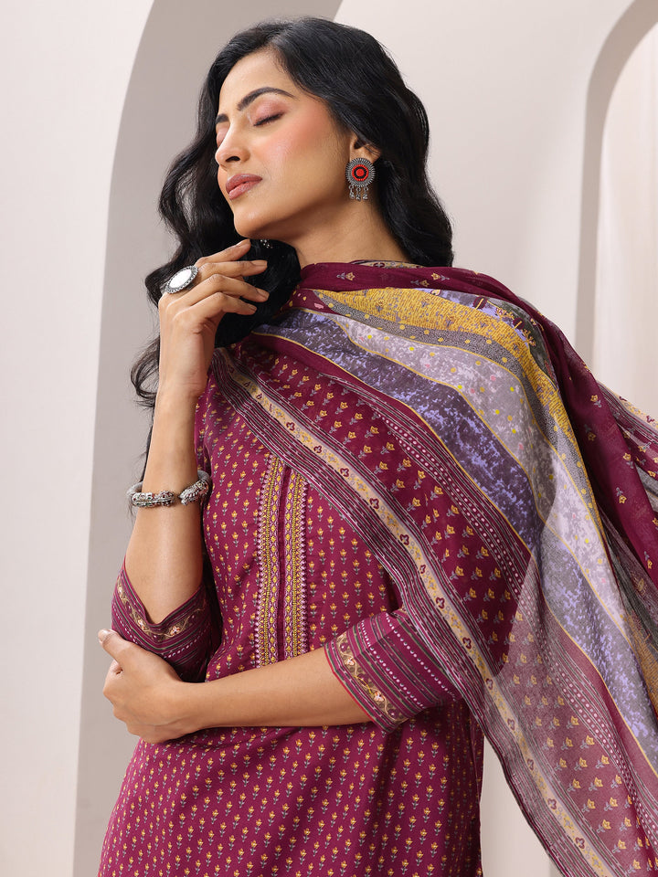 Maroon Printed Cotton Straight Suit Set With Dupatta